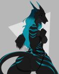  4_fingers arm_tuft black_lips black_sclera breasts butt female fingers fur hair hi_res lips looking_at_viewer missy_(artist) multicolored_hair nipples sergal solo stripes tail tuft two_tone_hair varya 