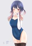  01021235 1girl absurdres artist_name blue_one-piece_swimsuit breasts gloves gradient_hair grey_background highres kantai_collection long_hair medium_breasts multicolored_hair one-piece_swimsuit purple_eyes purple_hair swimsuit tsushima_(kancolle) white_gloves 