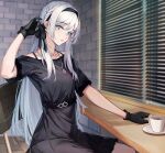  1girl 3_small_spiders absurdres adjusting_hair an-94_(girls&#039;_frontline) an-94_(silent_rouge)_(girls&#039;_frontline) aqua_eyes arm_up bar_(place) black_dress black_gloves black_hairband black_ribbon braid breasts coffee_cup collarbone commentary cup disposable_cup dress girls&#039;_frontline gloves hair_ribbon hairband hand_on_table highres jewelry light_blush long_hair looking_at_viewer necklace official_alternate_costume on_chair open_mouth ribbon sitting small_breasts solo upper_body wall white_hair window 