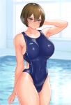 1girl arm_up bare_shoulders blue_eyes blue_one-piece_swimsuit breasts brown_hair competition_swimsuit covered_navel ginyanagi hair_between_eyes highleg highres indoors large_breasts one-piece_swimsuit original pool short_hair sideboob swimsuit wading water wet 