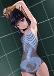  1girl armpits arms_up black_hair blunt_bangs breasts commentary_request competition_school_swimsuit cowboy_shot highres hip_bones looking_at_viewer original purple_eyes ribs rohitsuka school_swimsuit short_hair skeleton small_breasts solo swimsuit tile_wall tiles undressing x-ray 