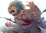  1girl absurdres ascot bat_wings blood blood_on_face blue_hair claws commentary fangs highres light_blue_hair looking_at_viewer red_ascot red_eyes red_nails remilia_scarlet shirt short_hair skirt solo sotatsudraw touhou white_background white_shirt white_skirt wings 