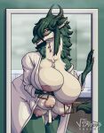  6_breasts absurd_res anthro areola bathrobe bathrobe_only bathroom big_breasts blush breast_squish breasts cassian_(fluffythunderbird) clothing door doorway dragon ear_piercing female fur green_body green_fur hair hand_on_breast hi_res huge_breasts leaning long_hair long_mouth looking_at_viewer multi_breast multicolored_body multicolored_fur nipple_piercing nipple_slip nipples piercing robe robe_only shower_room solo squish standing steam two_tone_body two_tone_fur viktorvaughn 