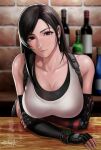  1girl arm_guards armpit_crease artist_name bar_(place) bare_shoulders black_gloves black_hair black_skirt blurry blurry_background bottle breasts cleavage collarbone commentary_request counter earrings elbow_gloves elbow_pads eyelashes final_fantasy final_fantasy_vii final_fantasy_vii_remake fingerless_gloves gloves highres jewelry large_breasts leaning_forward light_smile lips long_hair looking_at_viewer materia red_eyes sgk shadow shiny_skin sidelocks signature skirt solo sports_bra suspenders tank_top tifa_lockhart upper_body white_tank_top 
