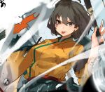  1girl :p bow_(weapon) breasts brown_eyes brown_hair hair_between_eyes highres hiryuu_(kancolle) holding holding_bow_(weapon) holding_weapon japanese_clothes kantai_collection kimono looking_at_viewer medium_breasts short_hair solo sunday_aki tongue tongue_out upper_body weapon 