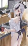  1girl :3 absurdres ass black_hair blue_archive blush bread choker commentary_request cup demon_horns food hair_between_eyes halo highleg highleg_leotard highres holding holding_cup holding_phone horns kayoko_(blue_archive) kitchen leotard leotard_under_clothes long_hair looking_at_viewer multicolored_hair phone piercing red_eyes renge_(730) short_sleeves smile solo streaked_hair thighs two-tone_hair white_hair wings 