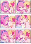  2girls ^_^ aikatsu!_(series) aikatsu_stars! bare_shoulders blonde_hair blue_bow blue_eyes blue_hairband blush bow closed_eyes closed_mouth commentary_request daisuki_(piroshikis1) eye_contact gradient_hair hair_bow hairband half-closed_eyes heads_together heart highres jewelry kiss kiss_day kissing_cheek long_hair looking_at_another multicolored_hair multiple_girls multiple_views necklace nijino_yume notice_lines open_mouth pink_hair ponytail profile red_bow sakuraba_rola sequential sidelocks smile twintails upper_body white_background yuri 