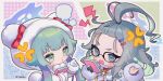  2girls :t =3 anger_vein black-framed_eyewear blue_archive blue_eyes blush book chibi coat daba_(0dbdbx) fur_trim glasses gloves green_eyes green_hair grey_hair hair_ornament hairclip halo highres holding holding_book hood hood_up long_hair long_sleeves meru_(blue_archive) momiji_(blue_archive) multiple_girls open_mouth sweat twitter_username white_coat white_gloves 