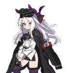  1girl ahoge black_coat black_gloves black_headwear blue_archive blush coat cross demon_horns feet_out_of_frame frown gloves highres hina_(blue_archive) horns iron_cross long_coat long_hair looking_at_viewer military multiple_horns nazi parted_bangs pencil_skirt purple_eyes purple_thighhighs side_slit simple_background skirt solo thighhighs user_smrk2828 very_long_hair waffen-ss white_background white_hair zettai_ryouiki 