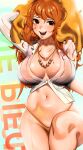  1girl :d absurdres bikini bikini_bottom_only blush breasts brown_hair character_request check_character highres jewelry kevbot large_breasts lips long_hair messy_hair nami_(one_piece) navel necklace no_bra one_piece open_mouth orange_hair smile solo stomach swimsuit 