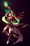  arms_up bandeau barefoot belt_pouch black_background boots full_body glowing_gem hat holding holding_staff looking_up original pouch red_eyes red_hair shilin staff toeless_footwear witch witch_hat 