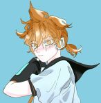  1boy alternate_eye_color black_sailor_collar blonde_hair blue_background blush bright_pupils closed_mouth crying crying_with_eyes_open detached_sleeves headphones headset highres kagamine_len male_focus mangomelange necktie sad sailor_collar short_hair tears upper_body vocaloid white_pupils yellow_eyes yellow_necktie 