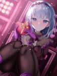  amplifier aoitenziku aqua_eyes black_pantyhose bow bowtie box box_of_chocolates commentary gloves hairband highres holding holding_box light pantyhose project_sekai purple_bow purple_bowtie purple_gloves sitting white_hair yoisaki_kanade 