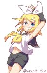  1girl arched_back armpits arms_up bare_shoulders black_sailor_collar black_shorts blonde_hair blue_eyes bow detached_sleeves grin hair_bow hair_ornament hairclip highres kagamine_rin leg_warmers light_blush looking_at_viewer midriff navel sailor_collar shirt shorts sleeveless sleeveless_shirt smile solo vocaloid white_bow wreath_(a1b2c3d45) 