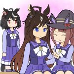  3girls ahoge animal_ears black_hair blue_eyes bow bowtie brown_hair duramente_(umamusume) ear_ornament flower_ornament hair_rings hat horse_ears horse_girl horse_tail index_finger_raised izumin_(aoi_izumi) kitasan_black_(umamusume) multicolored_hair multiple_girls pleated_skirt purple_serafuku purple_shirt purple_skirt purple_thighhighs red_eyes red_ribbon ribbon sailor_collar sailor_shirt school_uniform serafuku shirt short_hair sidelocks skirt streaked_hair sweep_tosho_(umamusume) tail thighhighs tracen_school_uniform two-tone_hair umamusume white_bow white_bowtie white_hair witch_hat 