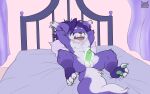  anthro balls bed bedroom bodily_fluids drooling fennephilim_fox fur furniture genitals glowing glowing_genitalia green_pawpads green_penis hands_behind_head hi_res league_of_legends lying male multicolored_body multicolored_fur nipples on_back open_mouth pawpads penis piercing pillow purple_body purple_fur riot_games saliva sleeping solo spread_legs spreading teeth toe_curl vereynne yordle 