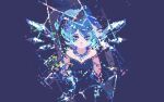 1girl blue_background blue_dress blue_eyes blue_hair breaking cirno closed_mouth curly_hair dress ice ice_wings jewelry loftyanchor looking_at_viewer necklace pixel_art shattered short_hair simple_background sparkle strapless strapless_dress touhou wings 