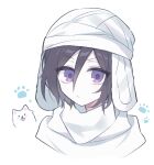  1girl animal animal_ears black_hair bleach closed_mouth commentary_request dog fake_animal_ears g_ieep hair_between_eyes korean_commentary kuchiki_rukia looking_at_viewer portrait purple_eyes rabbit_ears simple_background solo white_background white_headwear 