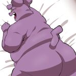  absurd_res alien anthro bed belly big_butt butt champa domestic_cat dragon_ball dragon_ball_super felid feline felis furniture hi_res lying male mammal namabito nude on_front overweight purple_body rear_view solo yellow_eyes 