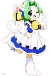  1girl absurdres ahoge animal_hat apron arms_up bell blue_dress cat_hat copyright_name dejiko di_gi_charat double_w dress green_eyes green_hair hair_bell hair_ornament hat highres jingle_bell jiryu50610218 leg_up looking_at_viewer mittens one_eye_closed open_mouth short_hair short_sleeves simple_background solo tail w white_apron white_background white_headwear white_mittens 