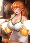  1girl absurdres alcohol bare_shoulders beer beer_mug blush braid braided_ponytail breasts brown_hair cleavage collarbone commission cup dress gaothun green_eyes highres holding holding_cup indoors large_breasts long_hair looking_at_viewer mug no_bra open_mouth original solo 