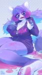  2023 anthro aruurara beverage big_breasts bottle breasts canid canine cleavage clothed clothing container cute_fangs feet female fur hair hi_res highlights_(coloring) hoodie inner_ear_fluff kemono mammal multicolored_body multicolored_fur open_mouth pawpads pink_highlights pink_pawpads purple_body purple_eyes purple_fur purple_hair raccoon_dog satori_(aruurara) sitting soles solo spilled_drink tanuki topwear tuft twintails_(hairstyle) white_body white_fur 