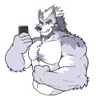  2023 abs absurd_res anthro armpit_hair beard biceps body_hair bracelet canid canine canis cellphone chest_tuft collar deltoids facial_hair fangs flexing_bicep fur hair hi_res holding_object holding_phone jewelry looking_at_viewer male mammal muscular muscular_anthro muscular_male pecs phone pkdreem purple_body purple_fur selfie smartphone solo spiked_bracelet spiked_collar spikes teeth triceps tuft white_body white_fur white_hair wolf zeke_(pkdreem) 