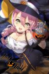  1girl braid breasts candy cleavage_cutout clothing_cutout double-parted_bangs eiyuu_densetsu emma_millstein english_text food full_moon hair_between_eyes hat highres jack-o&#039;-lantern jack-o&#039;-lantern_head large_breasts long_hair looking_at_viewer moon night night_sky pink_hair sen_no_kiseki single_braid sky smile solo witch_hat yellow_eyes zer00han 