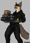  absurd_res amd anthro bela_(botter_dork) botter_dork bottomwear box brown_hair canid canine clothed clothing container digital_media_(artwork) eyes_closed fangs fox fur gaming hair happy hi_res holding_box holding_container holding_object hoodie male mammal nvidia pants simple_background smile solo teeth text tight_bottomwear tight_clothing topwear 