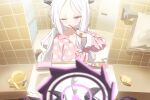  1girl applepie_(12711019) blue_archive halo highres hina_(blue_archive) holding holding_toothbrush long_hair one_eye_closed purple_eyes solo toothbrush white_hair 