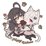  2girls absurdres animal_ear_fluff animal_ears black_hair candy cat_ears cat_tail chocolate food food_in_mouth full_body hair_over_one_eye hasumi_(hasubatake39) heart heart-shaped_chocolate highres kneeling kuon_(hasumi_(hasubatake39)) long_hair mouth_hold multicolored_hair multiple_girls original pink_eyes setsuna_(hasumi_(hasubatake39)) shared_food simple_background streaked_hair tail very_long_hair white_background white_hair yellow_eyes 