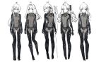  5girls 621_(armored_core_6) absurdres albino armored_core armored_core_6 blood blood_bag character_name emblem expressionless greatwhite1122 hairband highres intravenous_drip iv_stand long_hair looking_at_another looking_at_viewer multiple_girls navel plugsuit red_eyes short_hair white_background white_hair 
