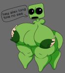  4_legs anthro armless belly big_belly big_breasts black_eyes breast_grab breasts creeper_(minecraft) english_text female green_body grey_background hand_on_breast huge_breasts lewdmaya microsoft minecraft mojang pupils simple_background solo text white_pupils xbox_game_studios 