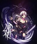  arm_tattoo black_jacket black_tank_top breasts chainsaw_man crossbow_devil_(chainsaw_man) dual_wielding eyepatch holding holding_sword holding_weapon jacket katana large_breasts long_hair looking_at_viewer lydart_mclo off-shoulder_jacket off_shoulder open_mouth pants ponytail purple_eyes quanxi_(chainsaw_man) sharp_teeth sheath solo strap_slip sword tank_top tattoo teeth torn_clothes torn_pants unsheathing weapon white_hair 