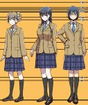  3girls black_eyes black_hair black_socks blue_necktie bou braid braided_bun brown_hair brown_jacket character_request commentary_request double_bun fuu-chan_(fuu-chan_no_ana) fuu-chan_no_ana glasses green_eyes hair_bun hand_on_own_hip height_chart highres jacket kneehighs loafers long_hair medium_skirt multiple_girls necktie plaid plaid_skirt school_uniform shoes short_hair sidelocks skirt socks unmoving_pattern 