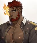  1boy bara beard brown_eyes closed_mouth commentary_request dark-skinned_male dark_skin embers eyebrow_cut facial_hair fire flaming_eye hephaestus_(housamo) highres jin_(sirius-j) large_pectorals male_focus mature_male muscular muscular_male pectorals red_hair scar scar_on_chest scar_on_head short_hair simple_background smile solo thick_eyebrows tokyo_afterschool_summoners unzipped upper_body white_background 
