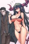  1boy 1girl absurdres angry bikini black_coat black_hair bra breasts brown_suit character_request closed_mouth coat damn_reincarnation earrings hand_in_bra heart heart-shaped_eyewear highres horns jewelry large_breasts long_hair noir_giabella_(damn_reincarnation) novel_illustration official_art one_eye_closed pink_background purple_eyes red_eyes single_horn suit swimsuit tail underwear 