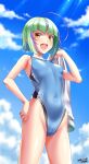  1girl ahoge black_one-piece_swimsuit blue_one-piece_swimsuit blue_sky blush breasts cameltoe cloud competition_swimsuit covered_navel cowboy_shot dated day green_hair hand_on_own_hip highleg highleg_swimsuit highres holding kantai_collection looking_at_viewer multicolored_hair one-piece_swimsuit open_mouth orange_eyes outdoors purple_hair short_hair signature sky small_breasts solo swimsuit take_(kancolle) teeth tsuchimiya upper_teeth_only 