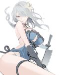  1girl breasts closed_mouth fei_(songyijie) flower gloves grey_eyes grey_hair hair_flower hair_ornament hair_over_one_eye highres holding holding_sword holding_weapon jagged_sword kaine_(nier) large_breasts looking_at_viewer lunar_tear negligee nier nier_(series) simple_background sketch solo sword thigh_strap weapon white_background white_flower 