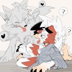  &lt;3 3_toes anthro biped bodily_fluids claws confusion dipstick_ears feet floppy_ears generation_7_pokemon hi_res human juutton lycanroc male mammal midnight_lycanroc multicolored_ears nintendo pokemon pokemon_(species) question_mark species_transformation sweat sweatdrop toes transformation 