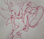  2023 andromorph anthro blep eulipotyphlan genitals hand_gesture hedgehog intersex mammal martyjade23 monochrome pussy red_and_white sega signature sketch small_tail solo sonic_the_hedgehog sonic_the_hedgehog_(series) super_sonic tail tongue tongue_out traditional_media_(artwork) 