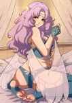  1girl alternate_costume ass bed bra butt_crack circlet dancer fingerless_gloves fire_emblem fire_emblem:_the_blazing_blade florina_(fire_emblem) from_behind gloves green_eyes green_thighhighs highres kinkymation long_hair looking_at_viewer looking_back on_bed parted_bangs parted_lips pillow purple_hair sitting smile soles solo thighhighs underwear veil wariza 