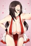  1girl armpit_peek bare_hips bare_shoulders blush breasts brown_eyes brown_hair cherry_blossoms cleavage commission cosplay cowboy_shot fire_emblem fire_emblem_fates hair_over_one_eye hand_on_own_hip highres japanese_clothes kagero_(fire_emblem) kimono large_breasts leaning_forward lindaroze long_hair looking_at_viewer ninja no_panties pelvic_curtain ponytail red_kimono revealing_clothes shiranui_mai shiranui_mai_(cosplay) simple_background sleeveless sleeveless_kimono smile solo thighs 