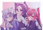  3boys animal_ears apron bandaid bandaid_on_face black_shirt blue_eyes blue_hair blue_jacket blue_lock braid cat_boy cat_ears chigiri_hyoma crossdressing hair_ornament hairclip hands_up heart heart_hands highres jacket kagaminoro long_hair looking_at_viewer maid maid_apron maid_headdress male_focus mikage_reo multiple_boys purple_eyes purple_hair red_eyes red_hair shirt short_hair smile tongue tongue_out v-shaped_eyebrows you_hiori 