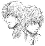  2boys beard beard_stubble clive_rosfield cropped_shoulders facial_hair final_fantasy final_fantasy_xiv final_fantasy_xvi glaring greyscale male_focus mature_male monochrome multiple_boys mustache_stubble serious short_hair sideways_glance sketch warrior_of_light_(ff14) zanki 