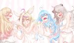  4girls ahoge alternate_hairstyle animal_ear_fluff animal_ear_piercing animal_ears blonde_hair blue_hair blush camisole closed_eyes commentary_request dress fox_ears gradient_hair grey_hair grin hair_down headpat heart heart_ahoge highres hololive laughing lion_ears long_hair momosuzu_nene multicolored_hair multiple_girls nepolabo nightgown omaru_polka open_mouth pink_hair pointy_ears shishiro_botan sleepwear smile streaked_hair takotobuta virtual_youtuber white_camisole white_dress yukihana_lamy 