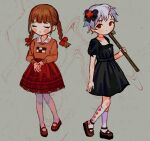  .flow 2girls alternate_costume black_bow black_dress black_footwear blush bow braid brown_hair closed_eyes commentary crowbar dress english_commentary frown full_body grey_background grey_hair hair_bow holding_crowbar io_(onisarashi) kneehighs lace_trim long_sleeves madotsuki mary_janes multiple_girls pantyhose pink_pantyhose red_bow red_eyes red_footwear red_skirt red_sweater sabitsuki shoes short_sleeves sidelocks simple_background skirt socks sweater twin_braids white_socks yume_nikki 