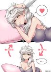  1girl 1other blush breasts camisole cleavage closed_mouth collarbone cypress grey_camisole heart kantai_collection large_breasts long_hair multiple_views smile spoken_heart unryuu_(kancolle) white_hair yellow_eyes 