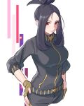  1girl black_hair breasts closed_mouth commentary_request cross_scar dendra_(pokemon) eyelashes fingerless_gloves gloves hand_on_own_hip highres jacket pants pokemon pokemon_(game) pokemon_sv red_eyes scar scar_on_face scar_on_forehead sidelocks sleeves_past_elbows smile solo turtleneck turtleneck_jacket umi_meteo zipper_pull_tab 