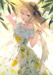  1girl angel_wings blonde_hair blue_eyes bracelet breasts dress earrings food fruit hat highres holding holding_clothes holding_hat jewelry large_breasts lemon long_hair looking_at_viewer official_art open_mouth regina_mercedes seiken_gakuin_no_maken_tsukai straw_hat toosaka_asagi white_dress wings 